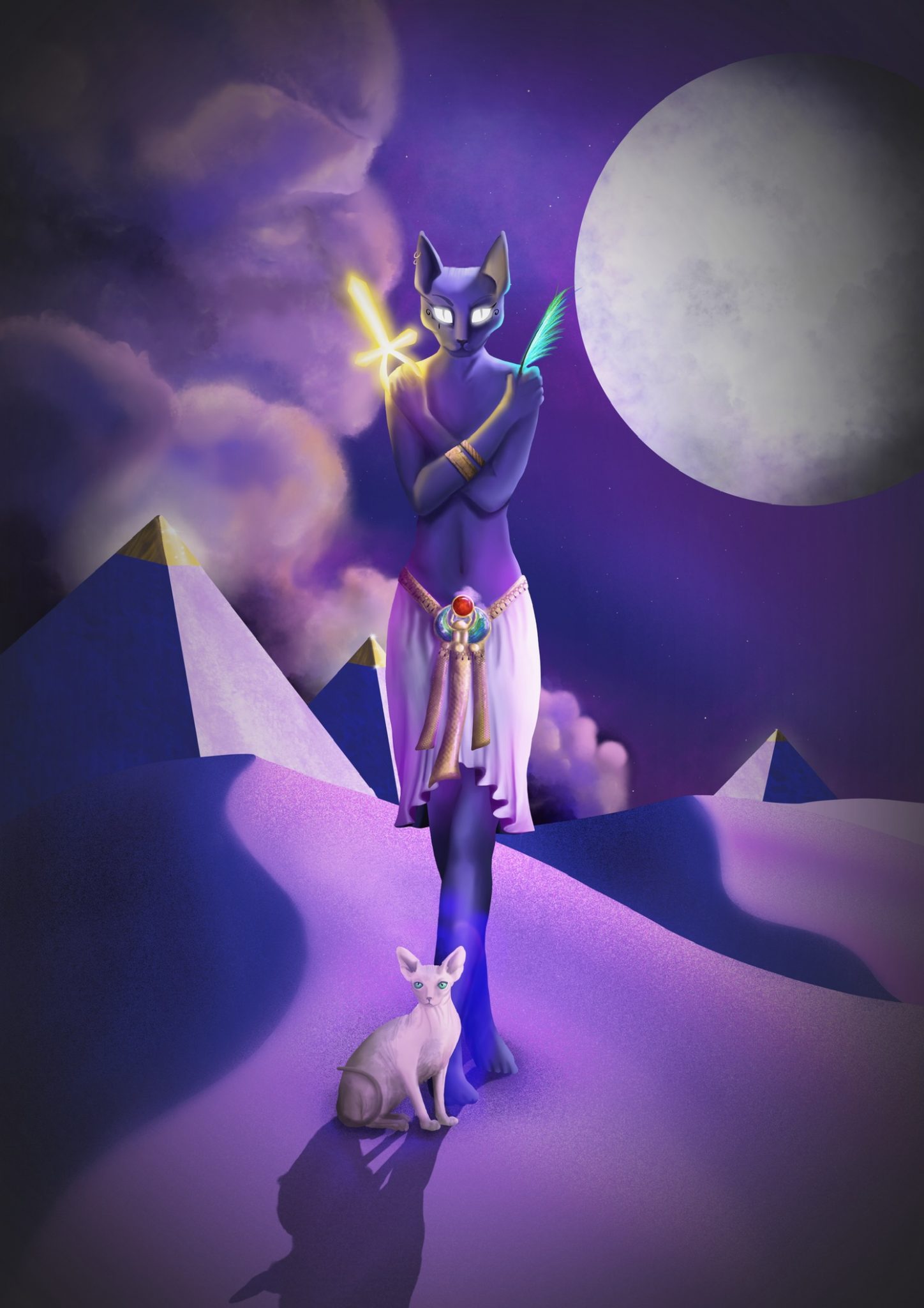 bastet en digital au milieu dans un décor égyptien violet mystique