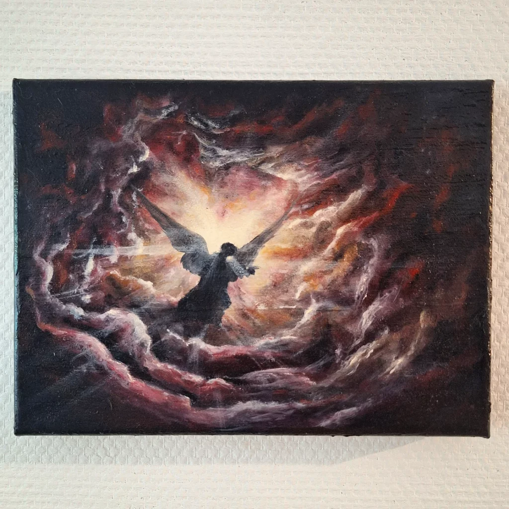 Huile sur toile d'une silhouette d'un ange dans un nuage sombre et une lumière au milieu
