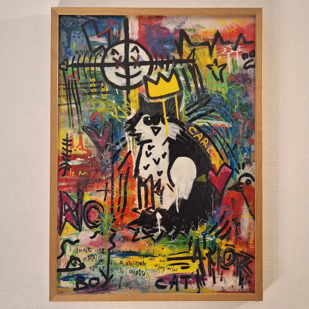 peinture style basquiat d'un chat noir et blanc. taille 50 x 70 cm