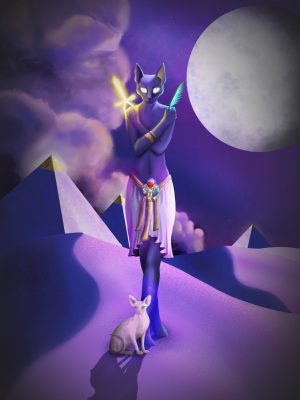 bastet en digital au milieu dans un décor égyptien violet mystique