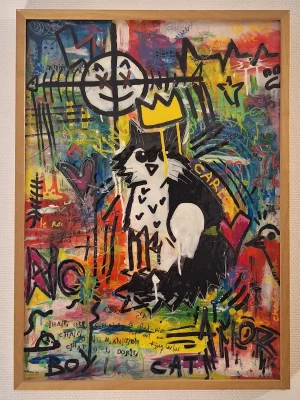 peinture style basquiat d'un chat noir et blanc. taille 50 x 70 cm